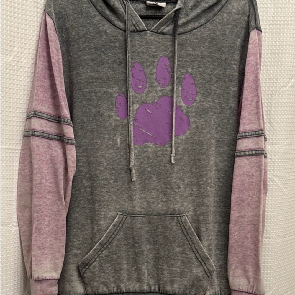 Distressed Gray Hoodie with Purple Paw Print